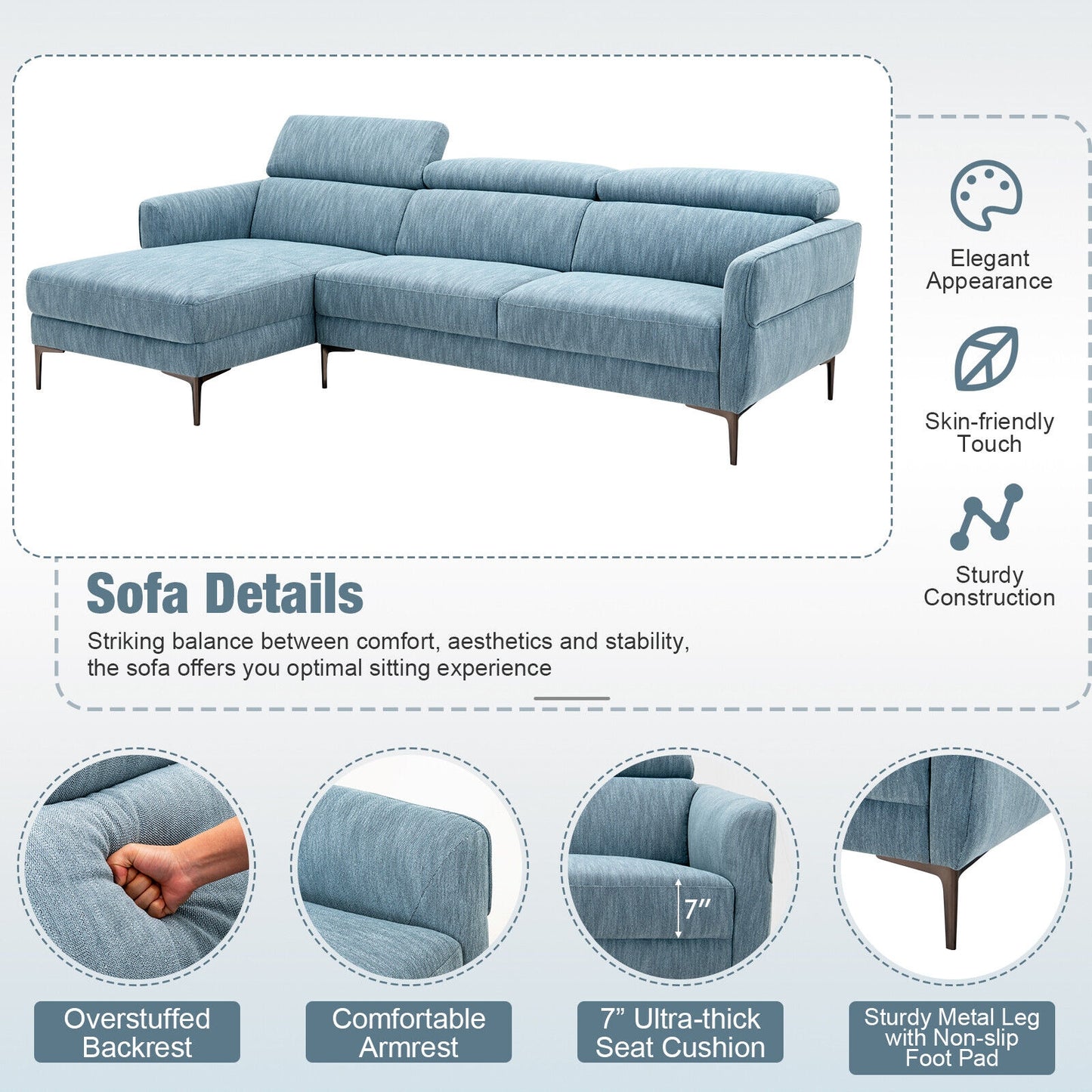 105 Inch L-Shaped Sofa Couch with 3 Adjustable Headrests, Blue Sofas & Loveseats at Gallery Canada