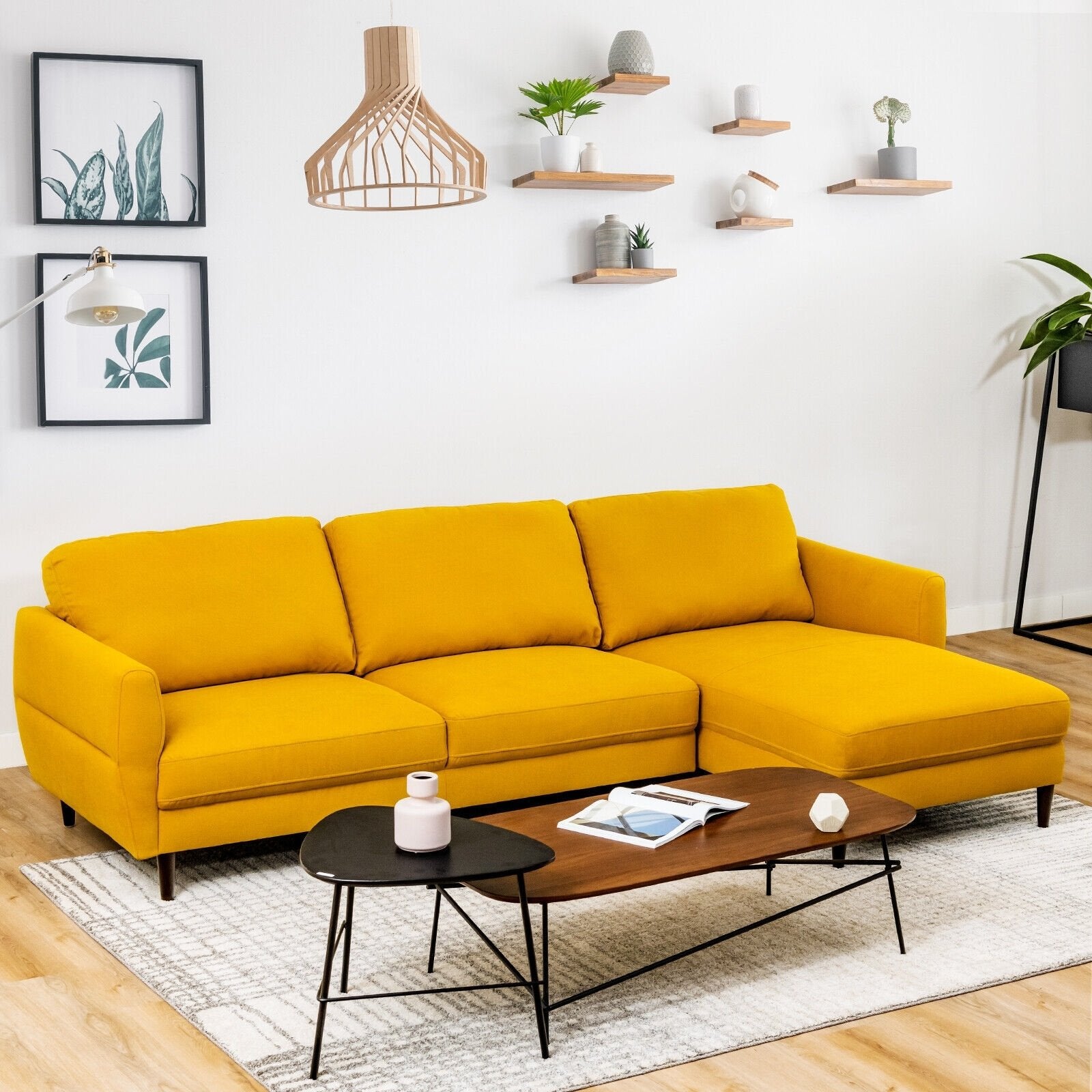 L-Shaped Fabric Sectional Sofa with Chaise Lounge and Solid Wood Legs, Yellow - Gallery Canada