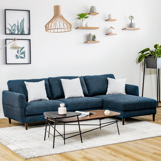 L-Shaped Fabric Sectional Sofa with Chaise Lounge and Solid Wood Legs, Navy - Gallery Canada