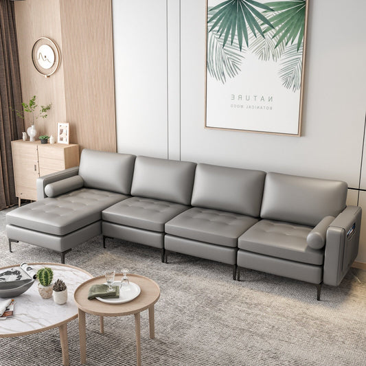 Modular L-shaped Sectional Sofa with Reversible Chaise and 2 USB Ports, Light Gray - Gallery Canada