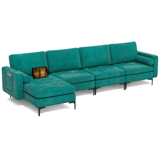 Modular 1/2/3/4-Seat L-Shaped Sectional Sofa Couch with Socket USB Port-4-Seat L-shaped with 2 USB Ports, Teal - Gallery Canada
