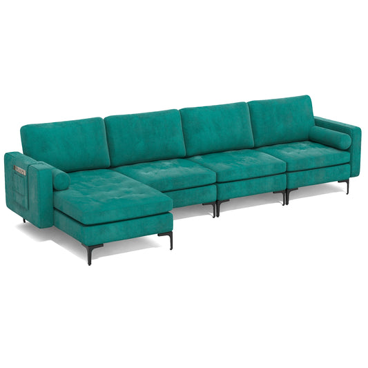 Modular L-Shaped Sectional Sofa, Reversible Chaise, 2 USB Ports, Teal