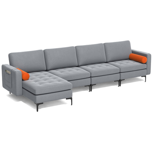 Modular L-shaped 4-Seat Sectional Sofa with Reversible Chaise and 2 USB Ports, Gray - Gallery Canada