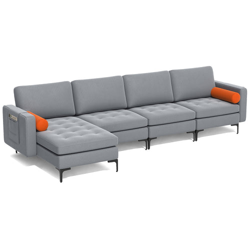 Modular L-Shaped 4-Seat Sectional Sofa, Reversible Chaise, 2 USB Ports, Gray