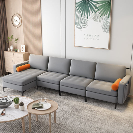 Modular L-shaped 4-Seat Sectional Sofa with Reversible Chaise and 2 USB Ports, Gray - Gallery Canada