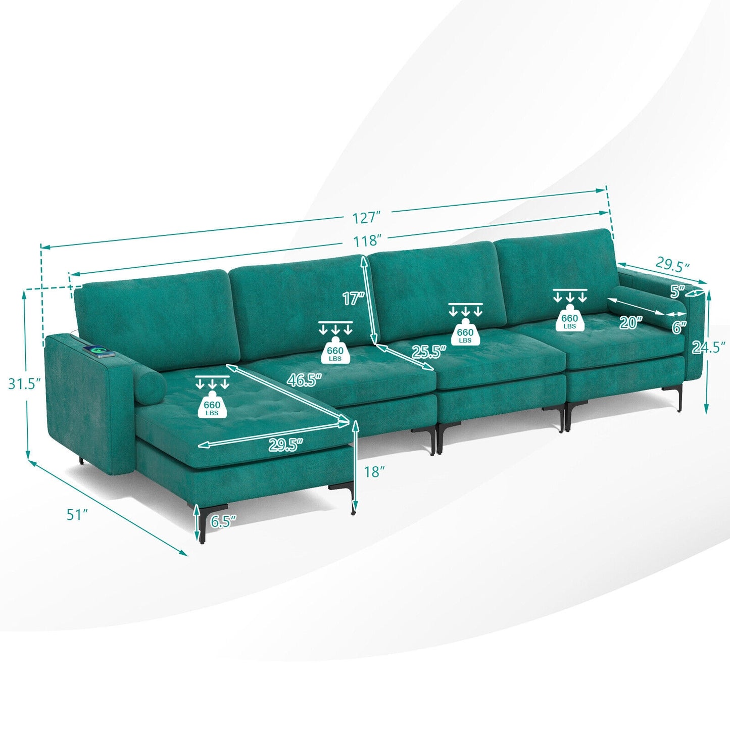 Modular L-shaped Sectional Sofa with Reversible Chaise and 2 USB Ports, Teal Sofas & Loveseats at Gallery Canada