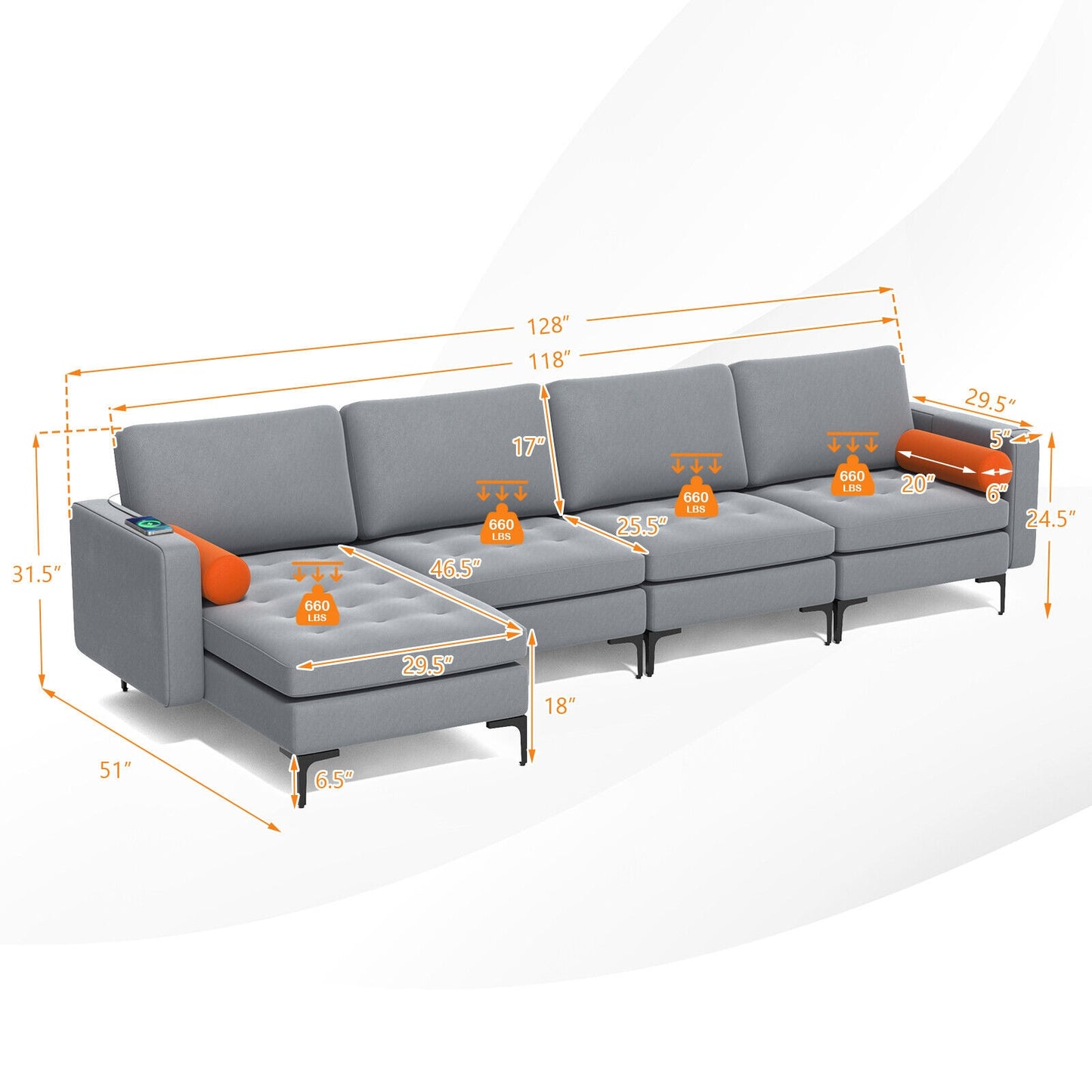 Modular L-shaped 4-Seat Sectional Sofa with Reversible Chaise and 2 USB Ports, Gray Sofas & Loveseats at Gallery Canada