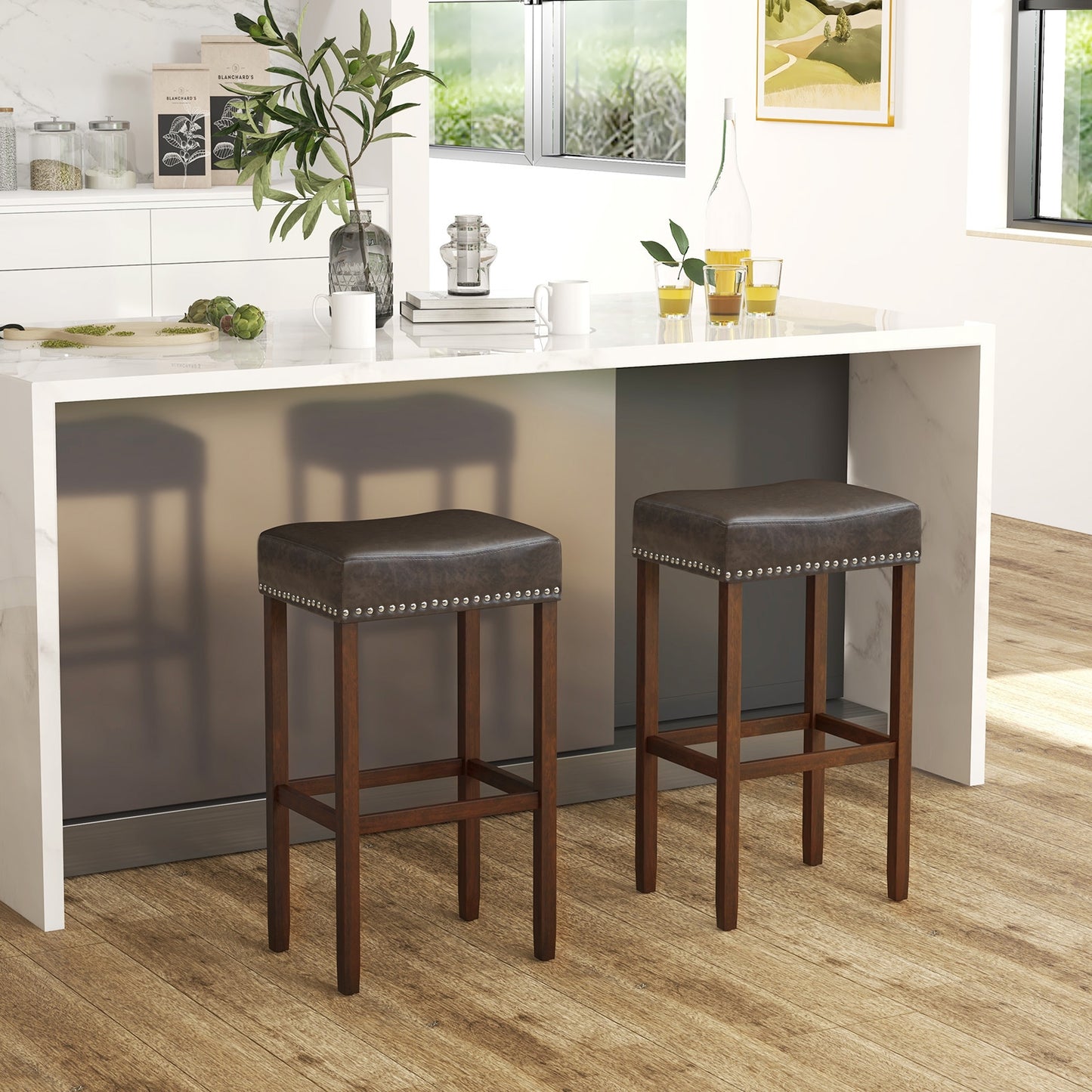 Upholstered Bar Stools Set of 2 with Footrests for Counter, Dark Gray Bar Stools at Gallery Canada
