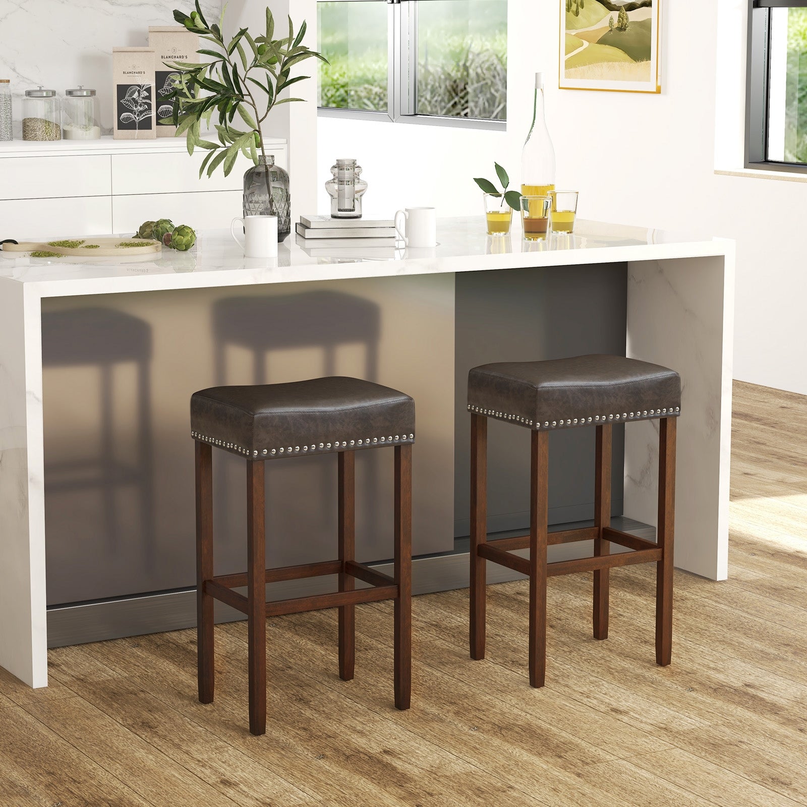 Upholstered Bar Stools Set of 2 with Footrests for Counter, Dark Gray Bar Stools at Gallery Canada