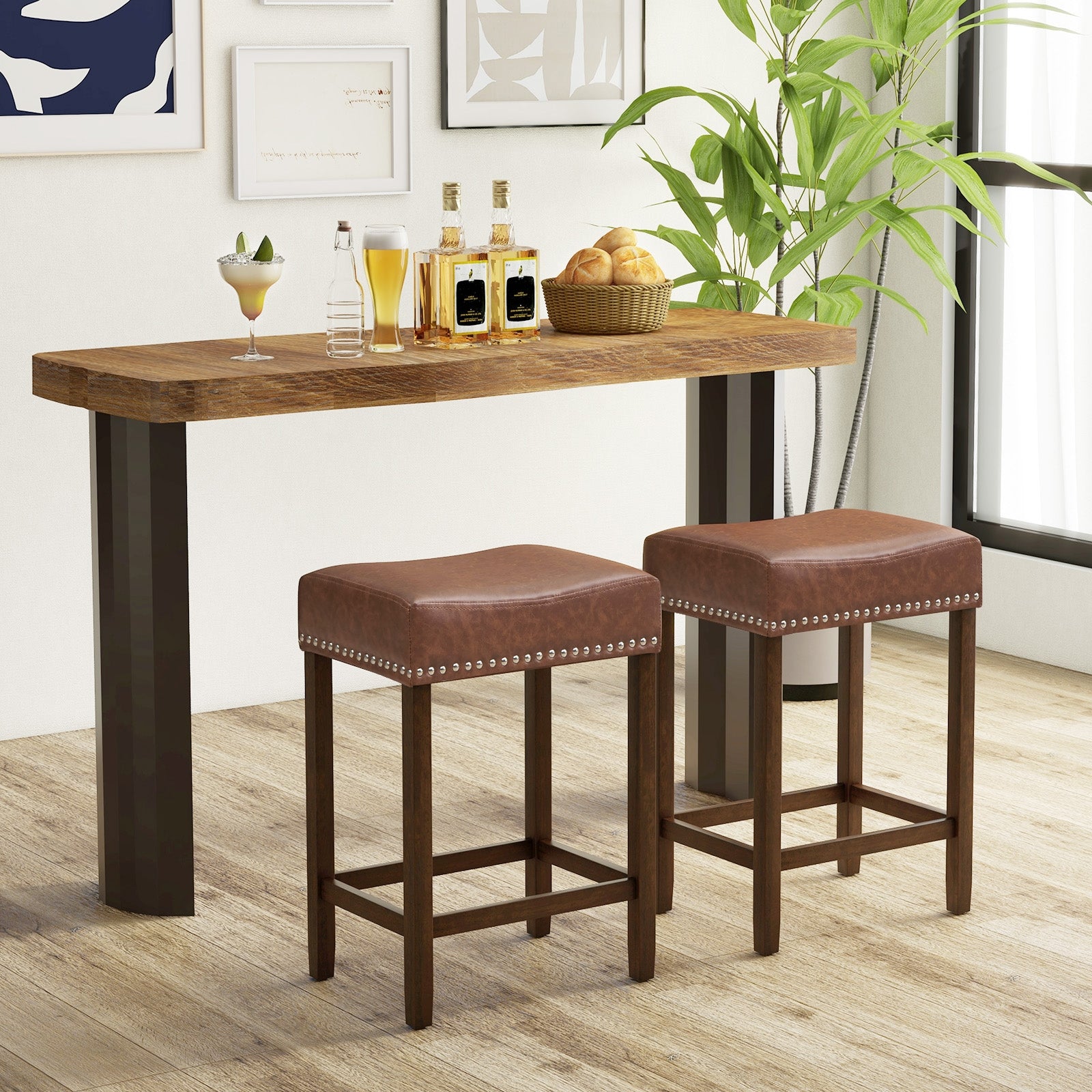 24 Inch Upholstered PU Leather Bar Stools Set of 2, Brown Bar Stools at Gallery Canada