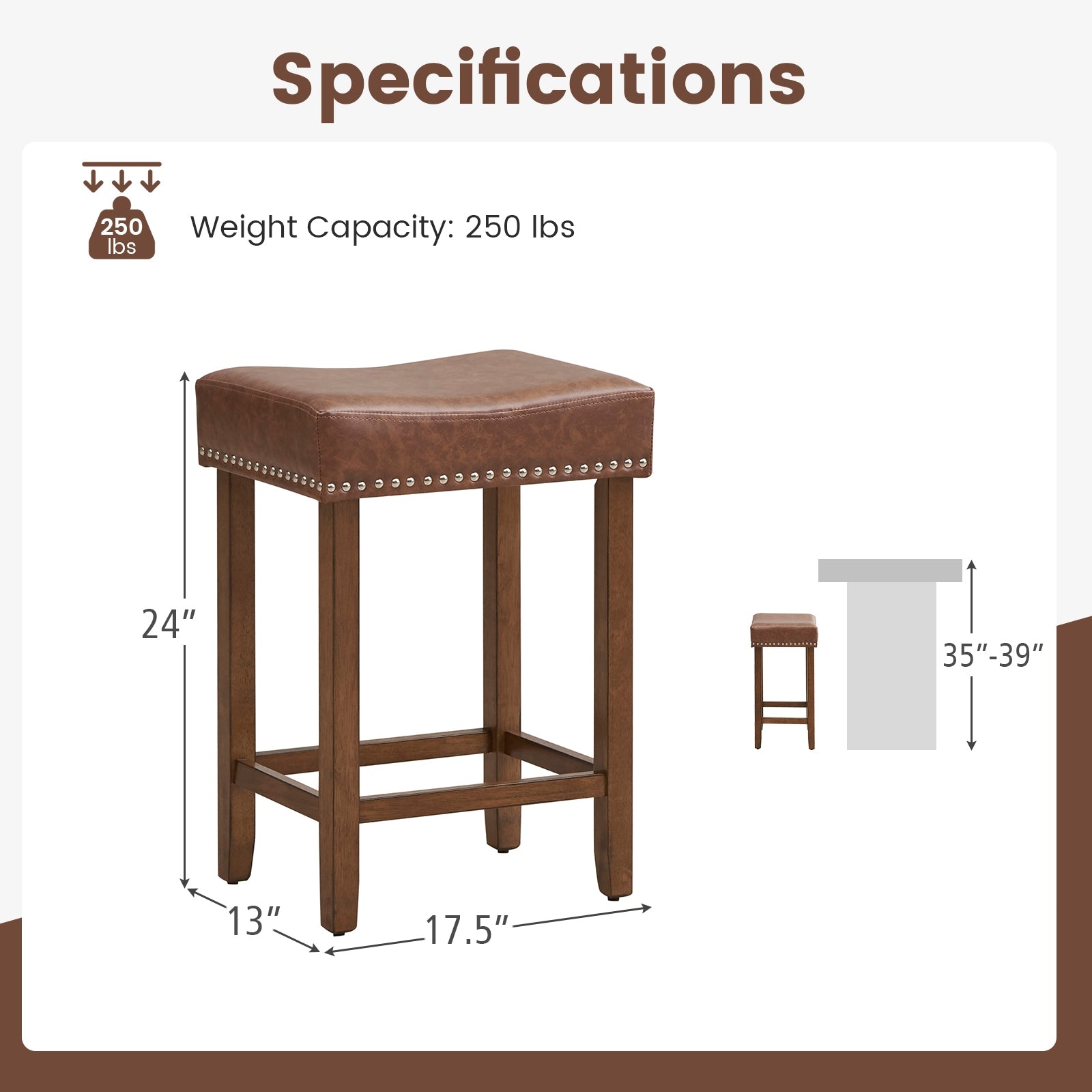 24 Inch Upholstered PU Leather Bar Stools Set of 2, Brown Bar Stools at Gallery Canada