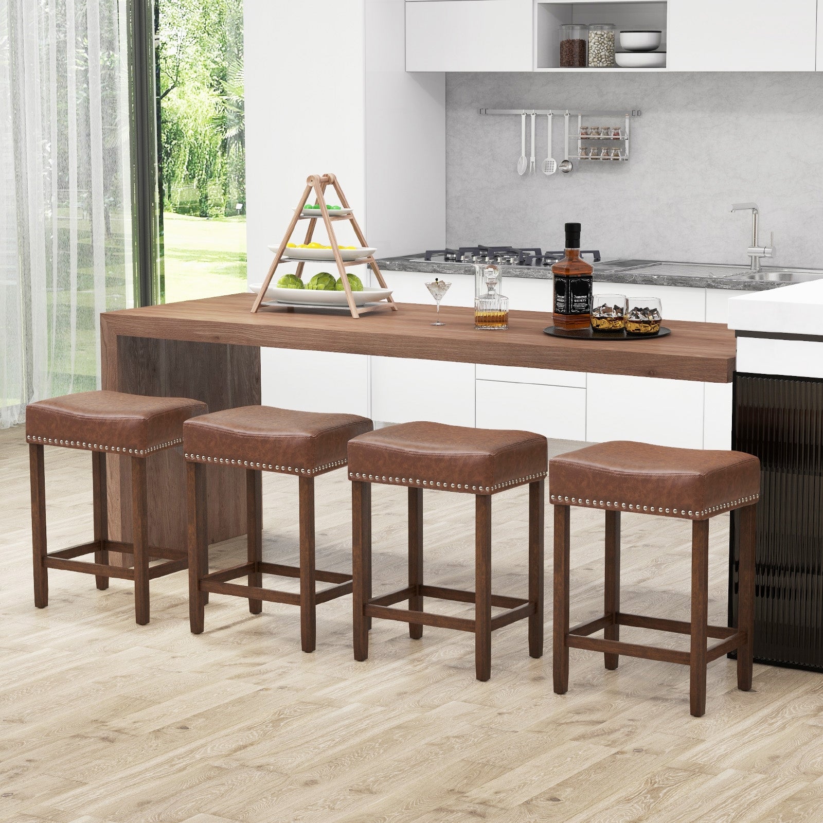 24 Inch Upholstered PU Leather Bar Stools Set of 2, Brown Bar Stools at Gallery Canada