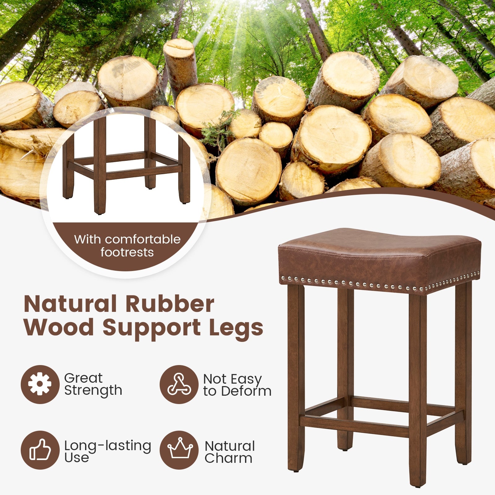 24 Inch Upholstered PU Leather Bar Stools Set of 2, Brown Bar Stools at Gallery Canada