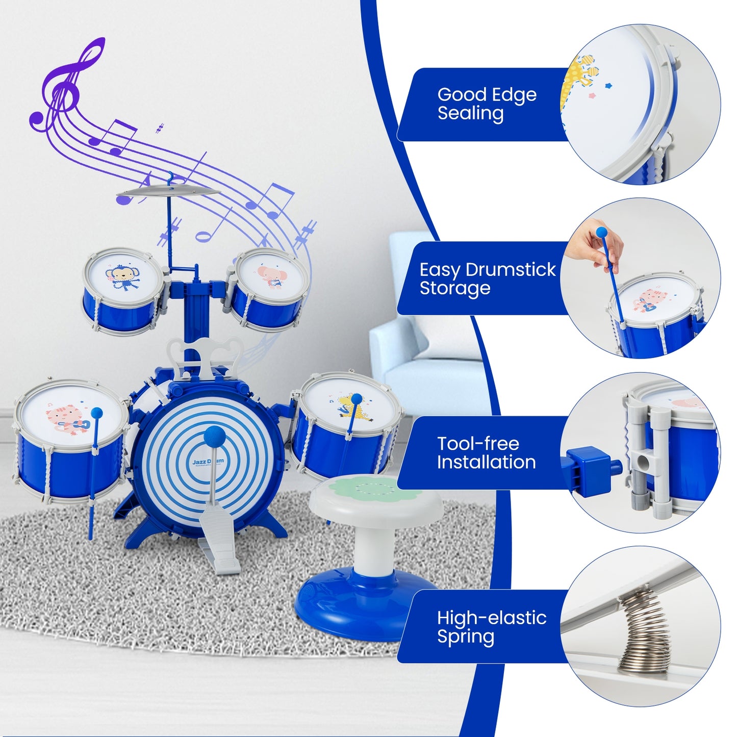 Kids Drum Set Educational Percussion Musical Instrument Toy with Bass Drum, Blue Musical Toys at Gallery Canada