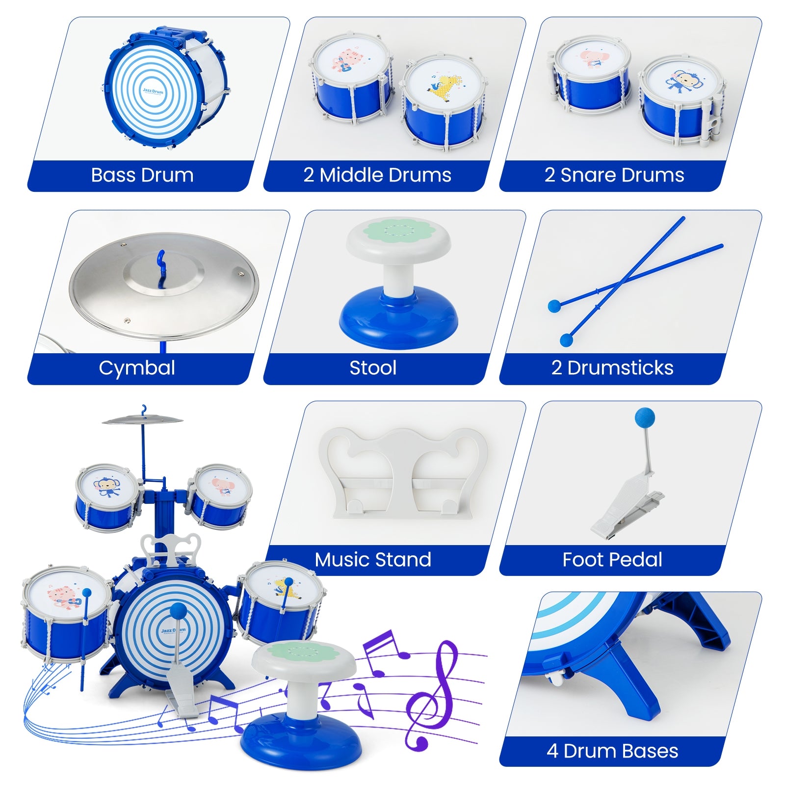 Kids Drum Set Educational Percussion Musical Instrument Toy with Bass Drum, Blue Musical Toys at Gallery Canada