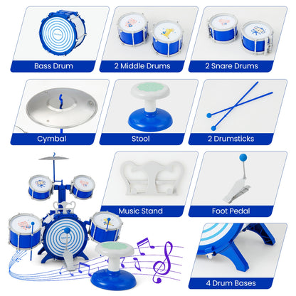 Kids Drum Set Educational Percussion Musical Instrument Toy with Bass Drum, Blue Musical Toys at Gallery Canada