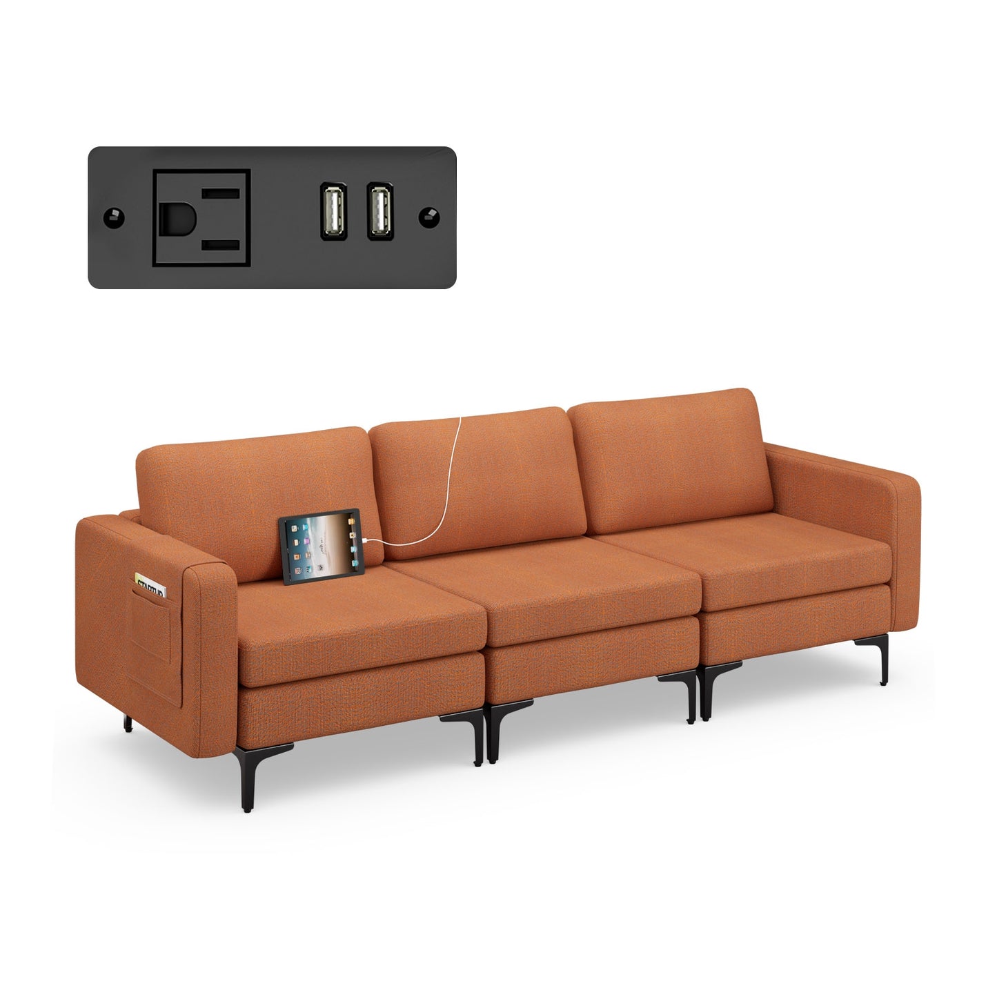 Convertible Leather Sofa Couch with Magazine Pockets 3-Seat with 2 USB Port, Orange Sofas & Loveseats Orange at Gallery Canada