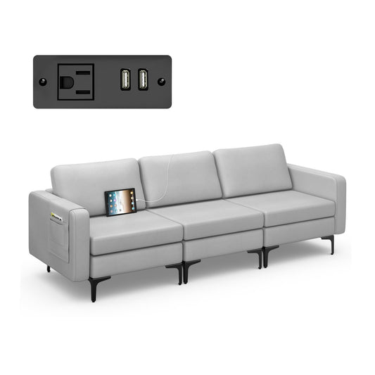 Convertible Leather Sofa Couch with Magazine Pockets 3-Seat with 2 USB Port, Light Gray at Gallery Canada