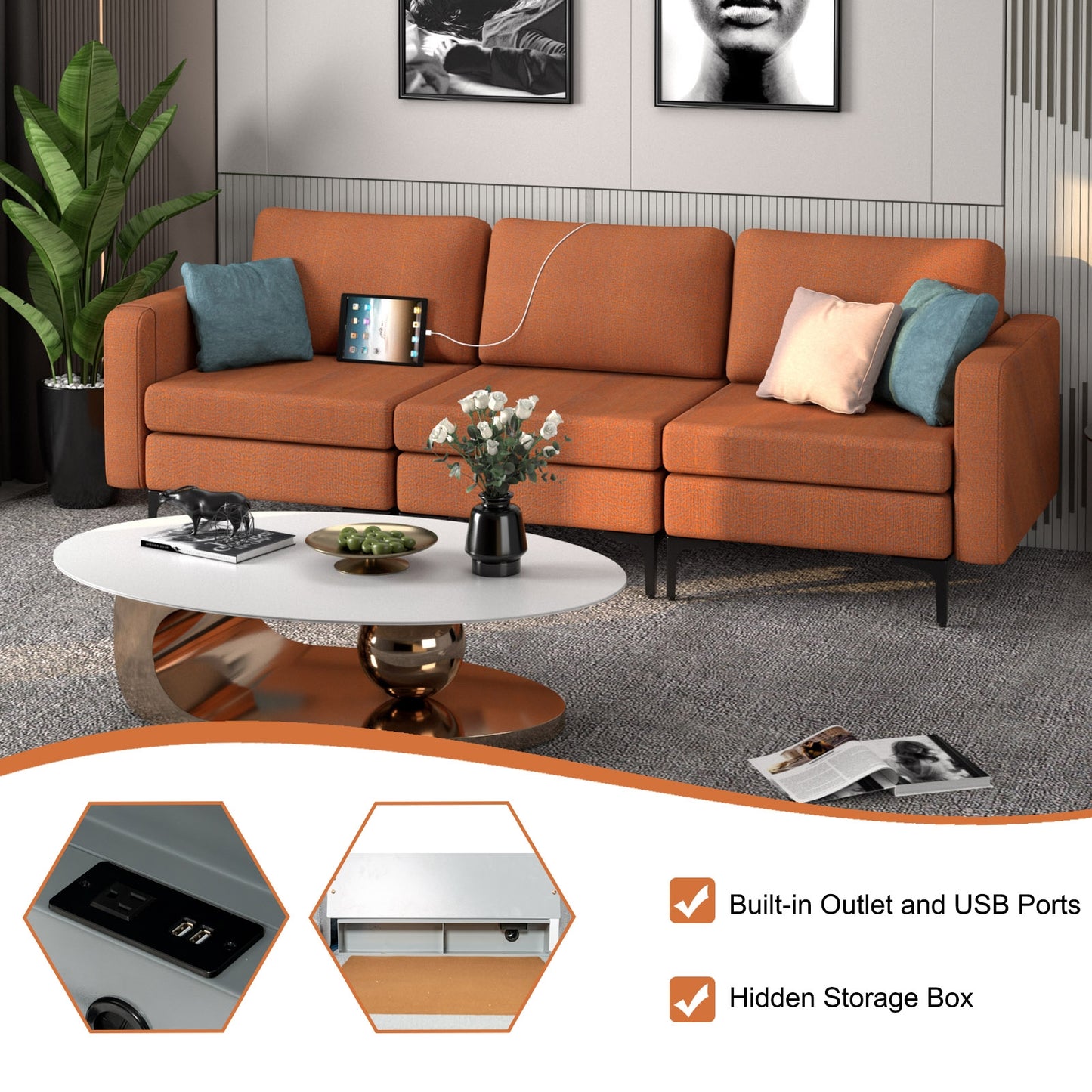 Convertible Leather Sofa Couch with Magazine Pockets 3-Seat with 2 USB Port, Orange Sofas & Loveseats at Gallery Canada