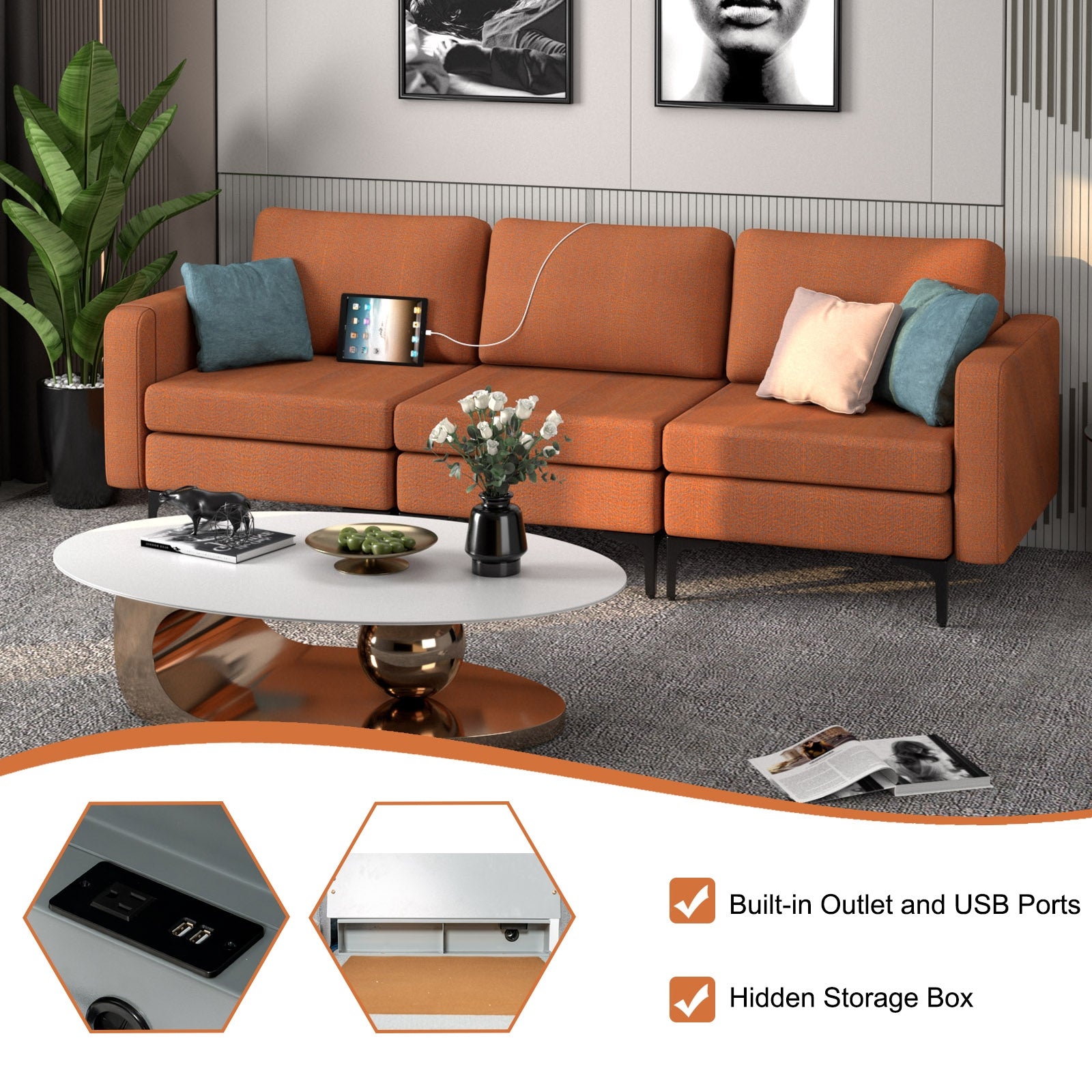 Convertible Leather Sofa Couch with Magazine Pockets 3-Seat with 2 USB Port, Orange Sofas & Loveseats at Gallery Canada