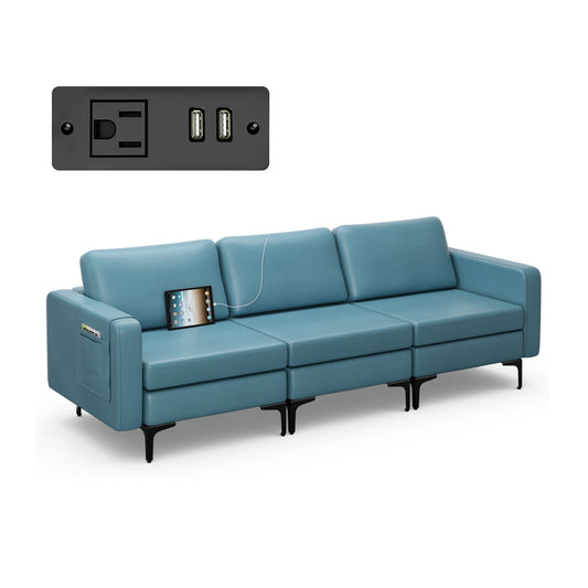 Convertible Leather Sofa Couch with Magazine Pockets 3-Seat with 2 USB Port, Blue - Gallery Canada
