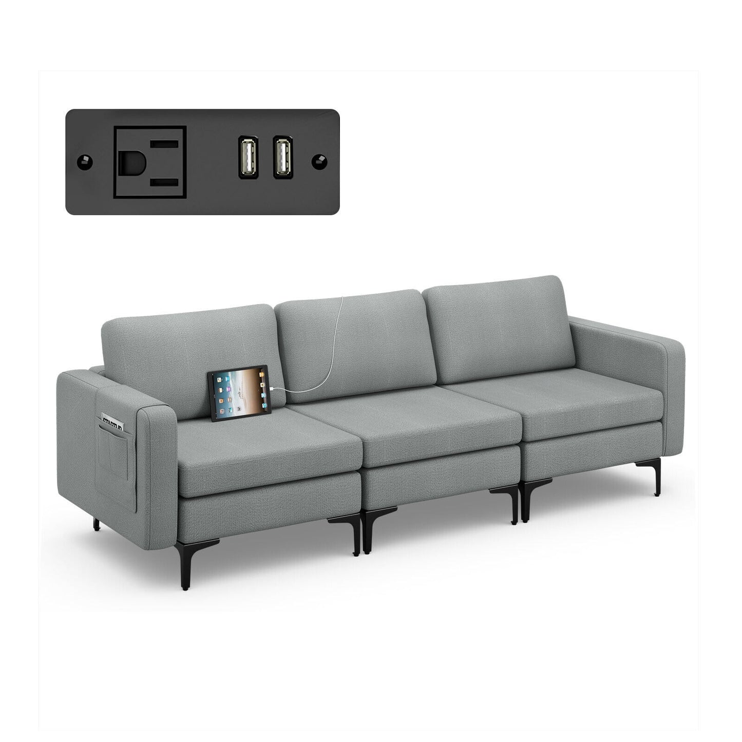 Convertible Leather Sofa Couch with Magazine Pockets 3-Seat with 2 USB Port, Dark Gray Sofas & Loveseats Dark Gray at Gallery Canada