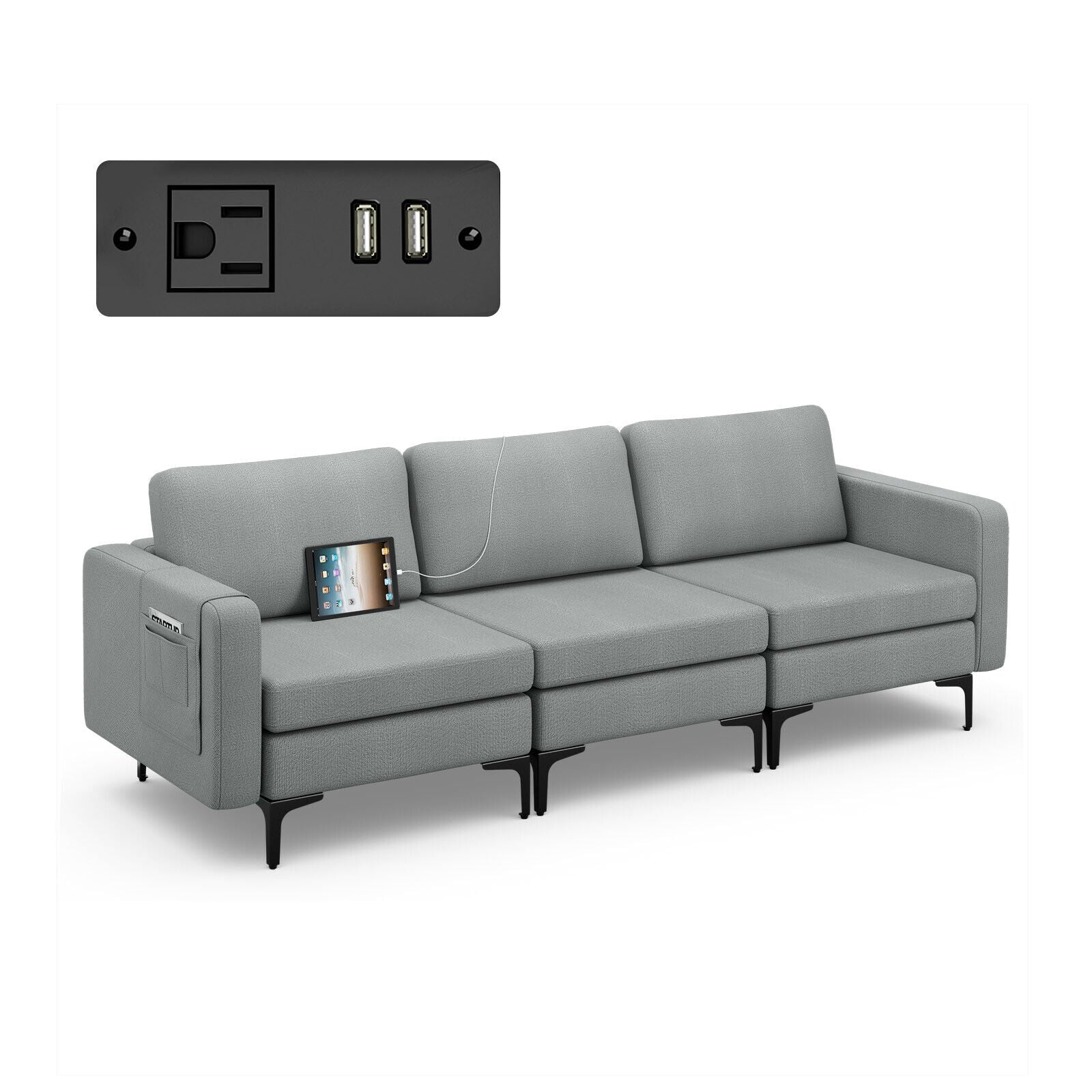 Convertible Leather Sofa Couch with Magazine Pockets 3-Seat with 2 USB Port, Dark Gray Sofas & Loveseats at Gallery Canada