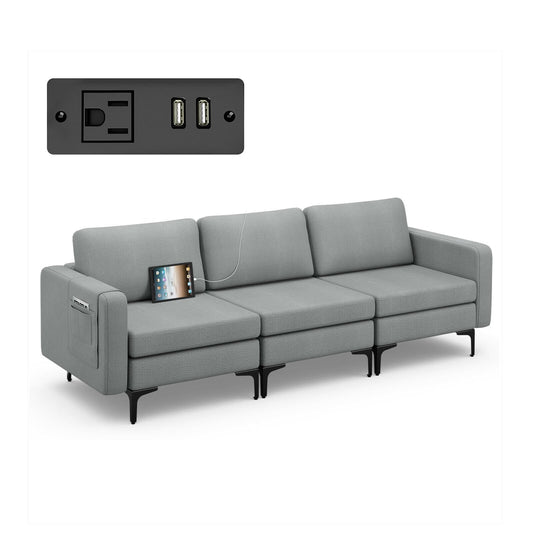 Convertible Leather Sofa Couch with Magazine Pockets 3-Seat with 2 USB Port, Dark Gray at Gallery Canada