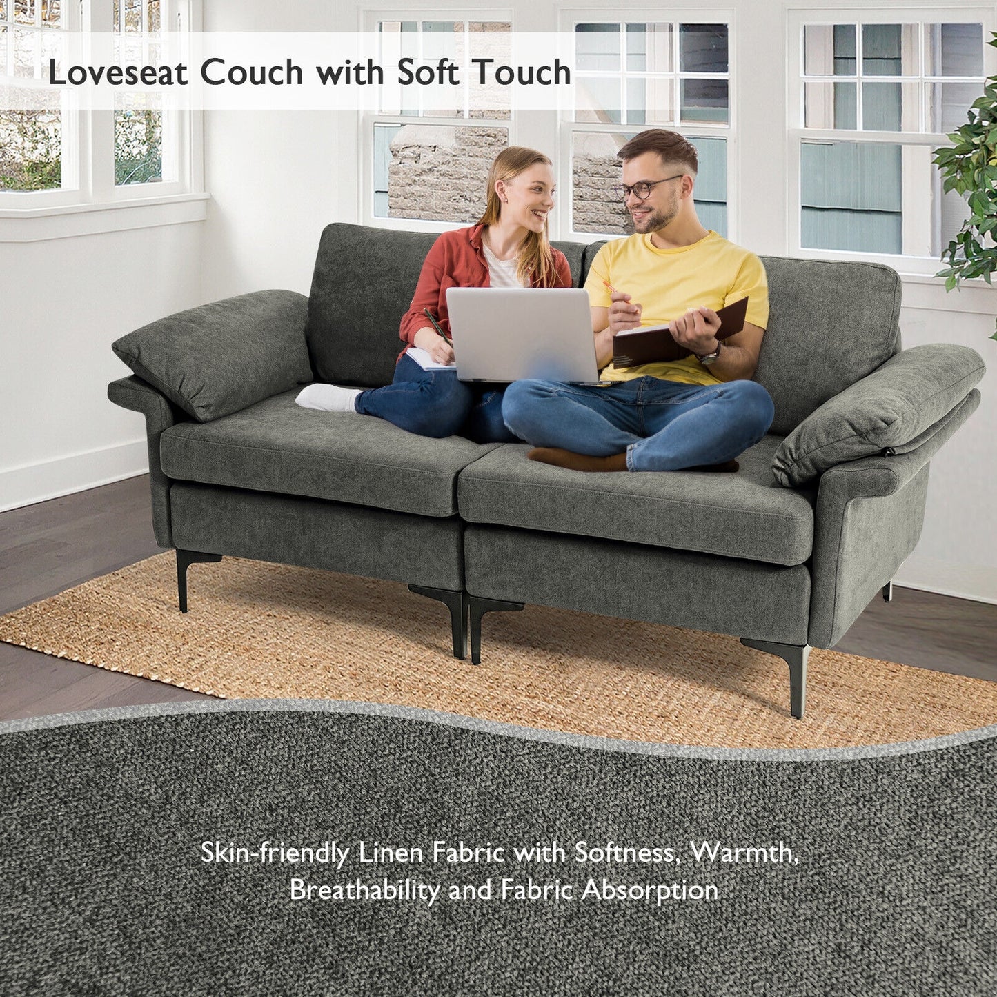 Modern Fabric Loveseat Sofa for with Metal Legs and Armrest Pillows, Gray Sofas & Loveseats at Gallery Canada