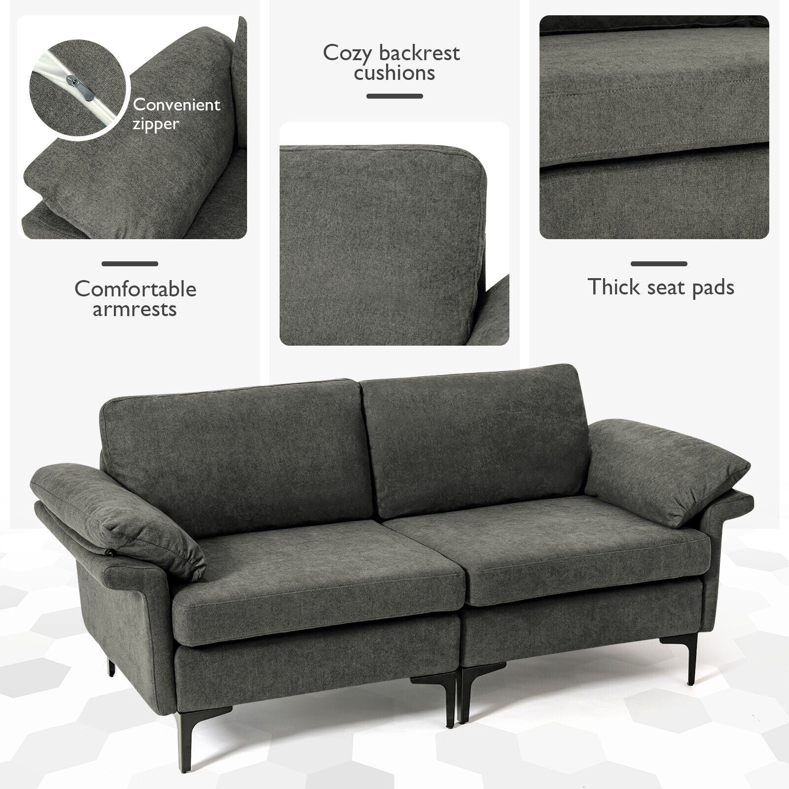 Modern Fabric Loveseat Sofa for with Metal Legs and Armrest Pillows, Gray Sofas & Loveseats at Gallery Canada