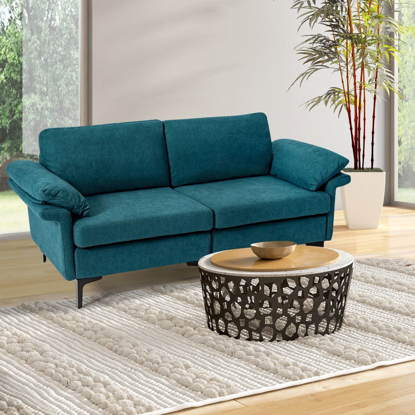 Modern Fabric Loveseat Sofa for with Metal Legs and Armrest Pillows, Peacock Blue Sofas & Loveseats at Gallery Canada