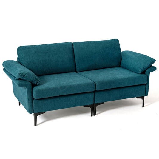 Modern Fabric Loveseat Sofa, Metal Legs, Armrest Pillows, Peacock Blue