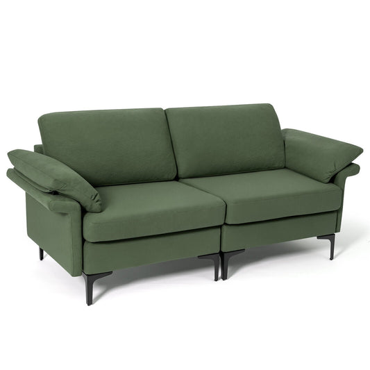Modern Fabric Loveseat Sofa for with Metal Legs and Armrest Pillows, Army Green - Gallery Canada