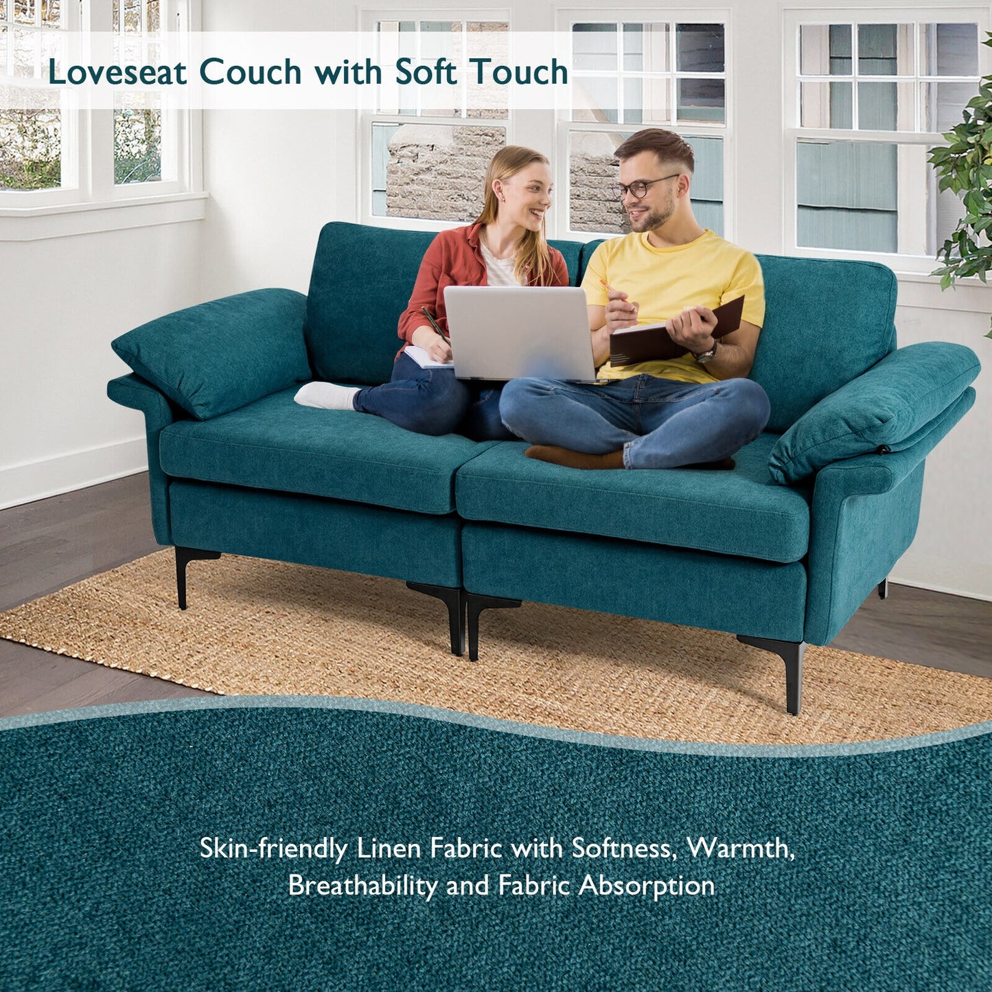 Modern Fabric Loveseat Sofa for with Metal Legs and Armrest Pillows, Peacock Blue Sofas & Loveseats at Gallery Canada