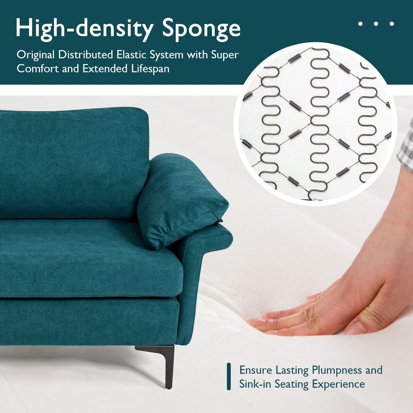 Modern Fabric Loveseat Sofa for with Metal Legs and Armrest Pillows, Peacock Blue Sofas & Loveseats at Gallery Canada