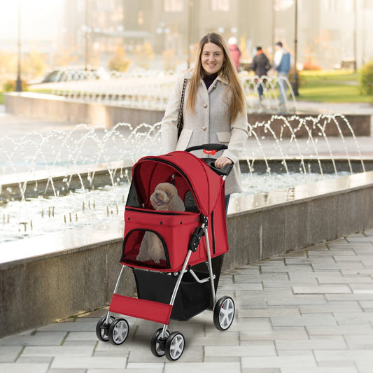 Folding Pet Stroller with Storage Basket and Adjustable Canopy, Red - Gallery Canada