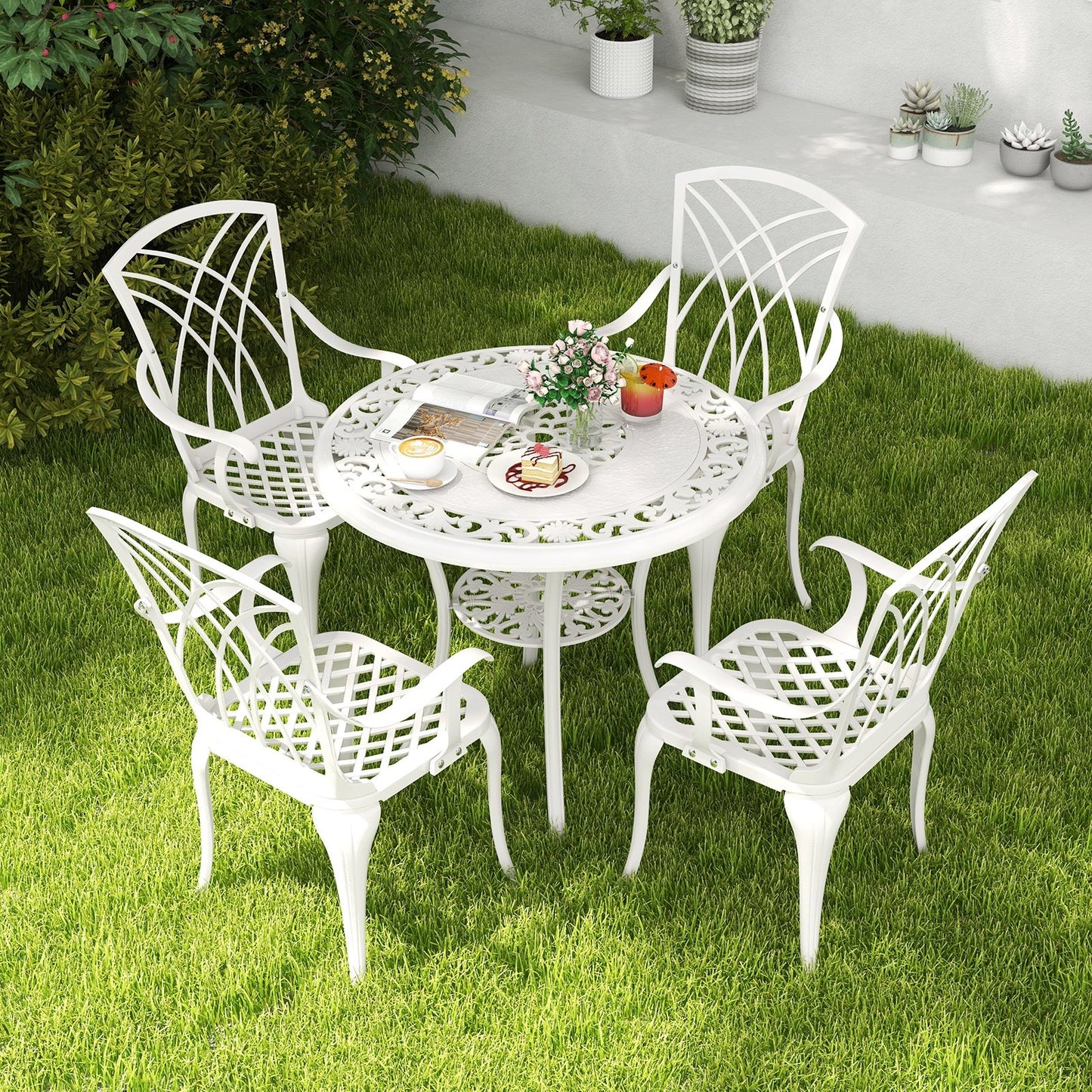 5 Piece Patio Bistro Table Chair Set with Umbrella Hole and Aluminum Frame, White