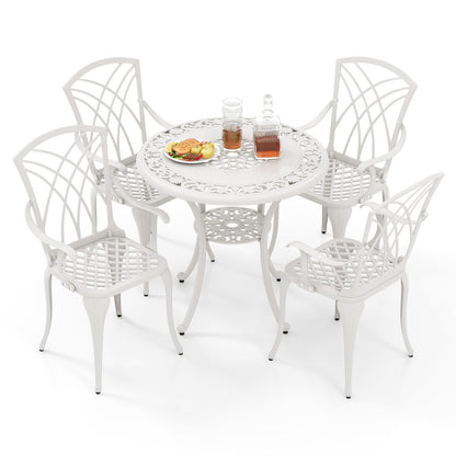 5 Piece Patio Bistro Table Chair Set with Umbrella Hole and Aluminum Frame, White
