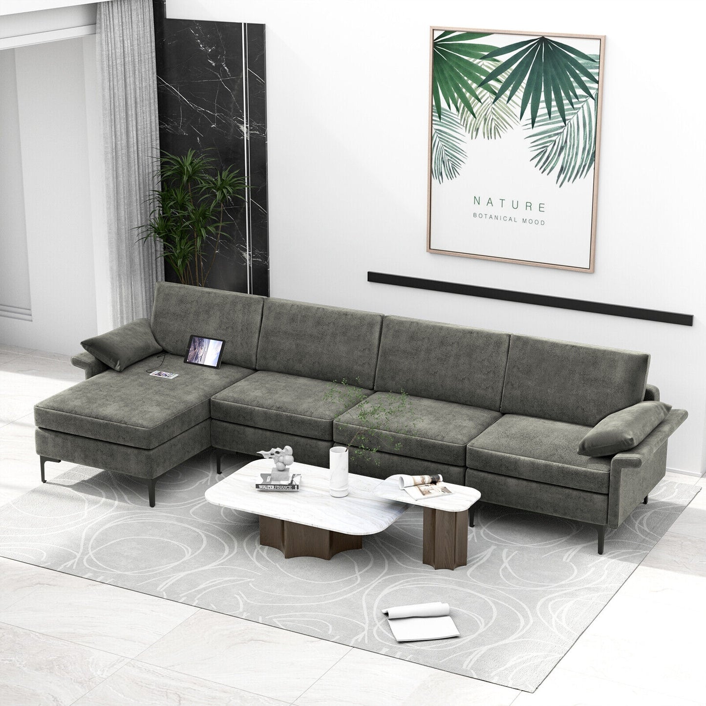 Extra Large L-shaped Sectional Sofa with Reversible Chaise and 2 USB Ports for 4-5 People, Gray Sofas & Loveseats at Gallery Canada