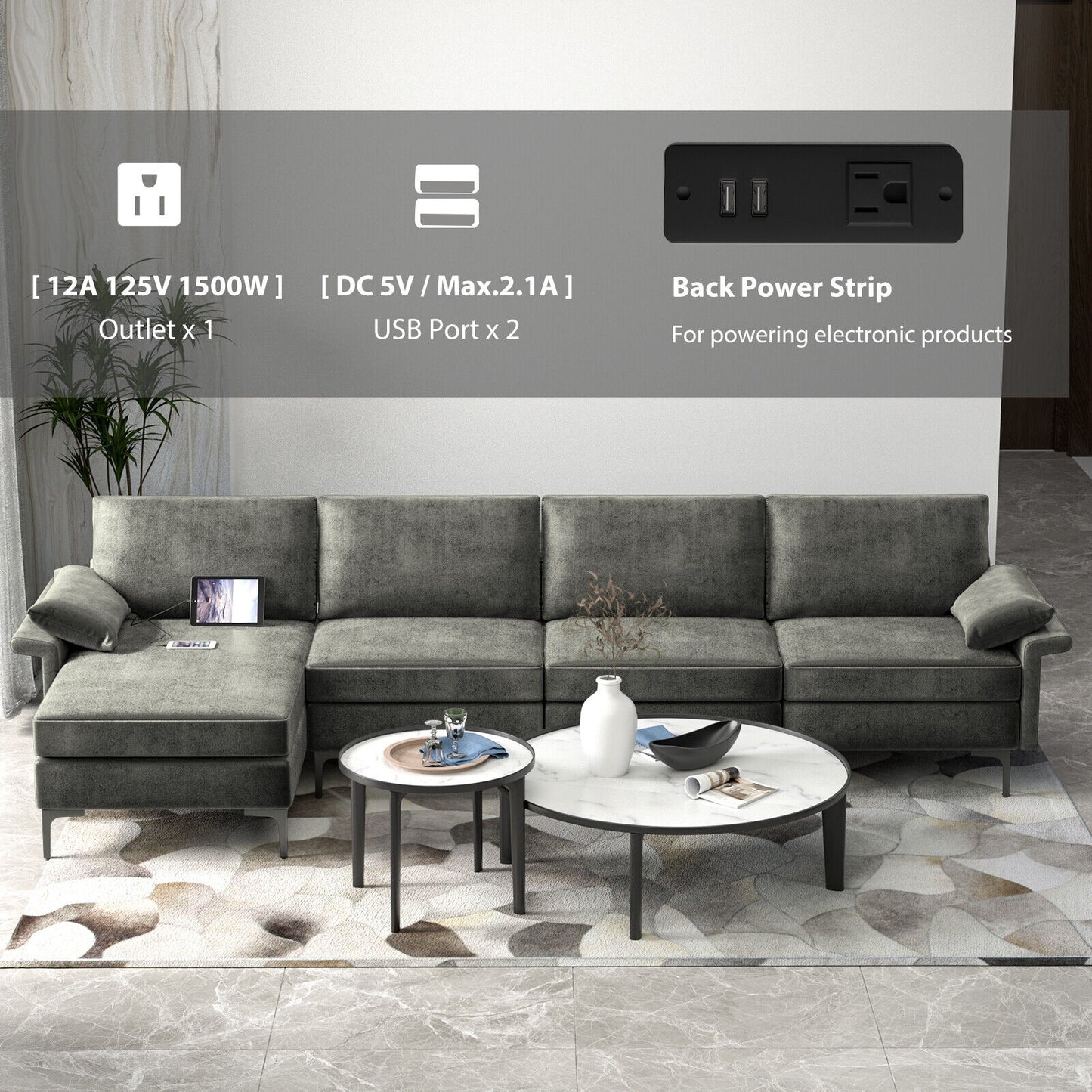 Extra Large L-shaped Sectional Sofa with Reversible Chaise and 2 USB Ports for 4-5 People, Gray Sofas & Loveseats at Gallery Canada