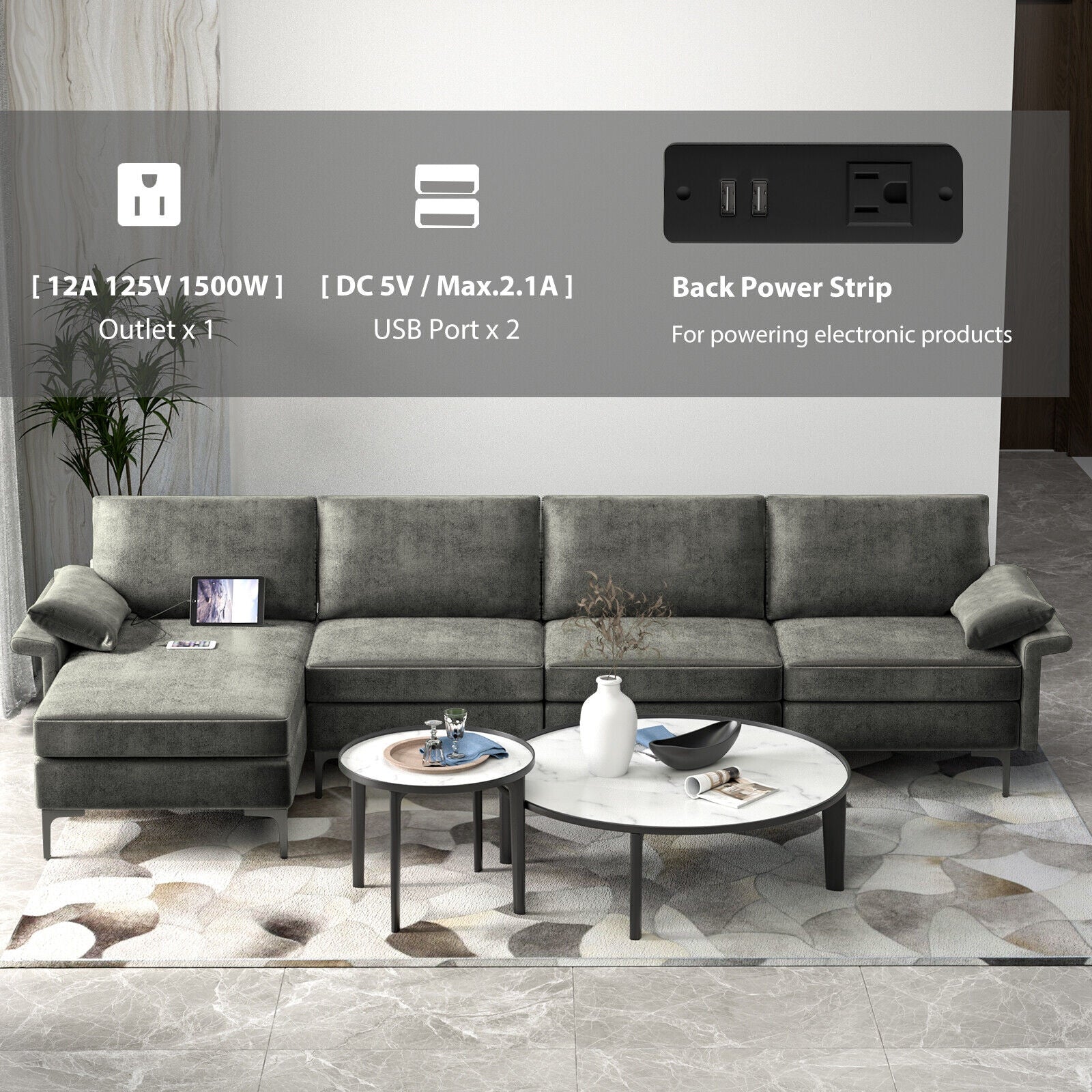 Extra Large L-shaped Sectional Sofa with Reversible Chaise and 2 USB Ports for 4-5 People, Gray Sofas & Loveseats at Gallery Canada