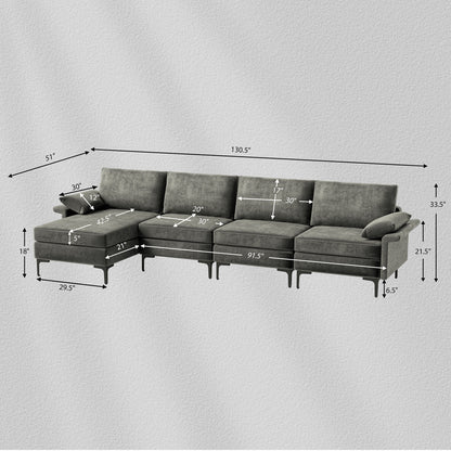 Extra Large L-shaped Sectional Sofa with Reversible Chaise and 2 USB Ports for 4-5 People, Gray Sofas & Loveseats at Gallery Canada