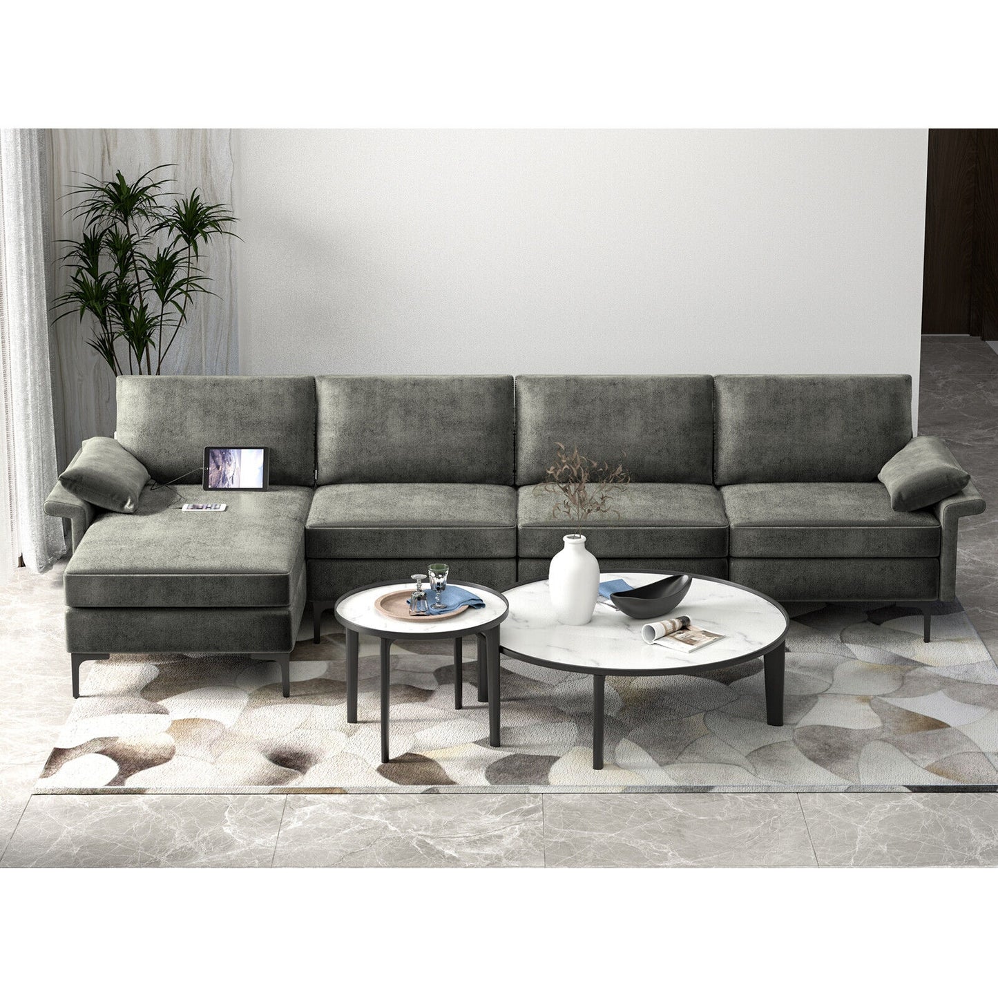 Extra Large L-shaped Sectional Sofa with Reversible Chaise and 2 USB Ports for 4-5 People, Gray Sofas & Loveseats at Gallery Canada