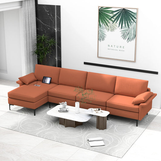 Extra Large L-shaped Sectional Sofa with Reversible Chaise and 2 USB Ports for 4-5 People-Rust Red, Red - Gallery Canada