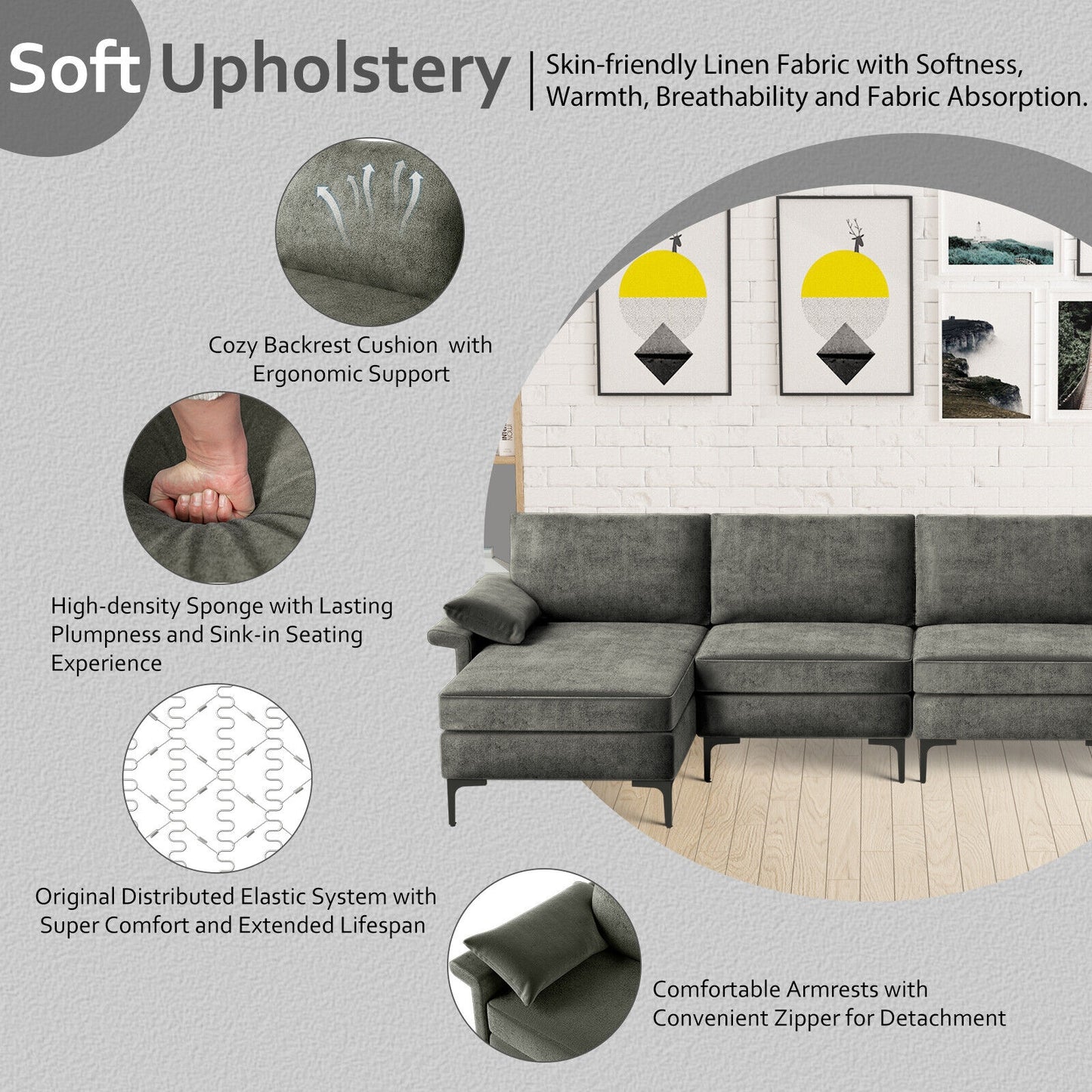 Extra Large L-shaped Sectional Sofa with Reversible Chaise and 2 USB Ports for 4-5 People, Gray Sofas & Loveseats at Gallery Canada