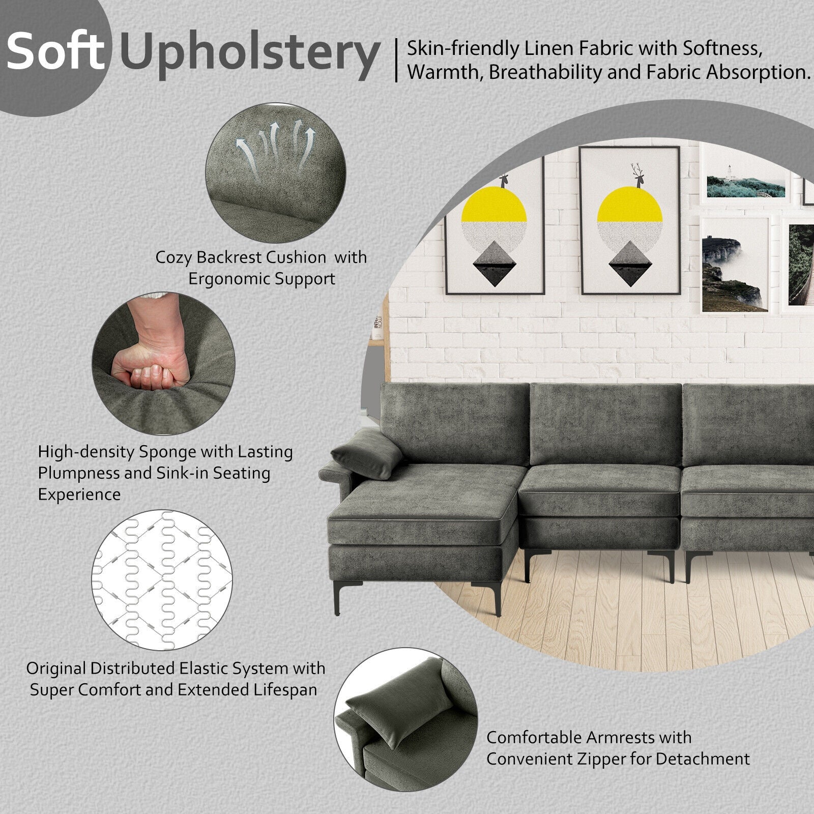 Extra Large L-shaped Sectional Sofa with Reversible Chaise and 2 USB Ports for 4-5 People, Gray Sofas & Loveseats at Gallery Canada