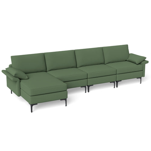 Extra Large L-Shaped Sectional Sofa, Reversible Chaise, 2 USB Ports, Army Green