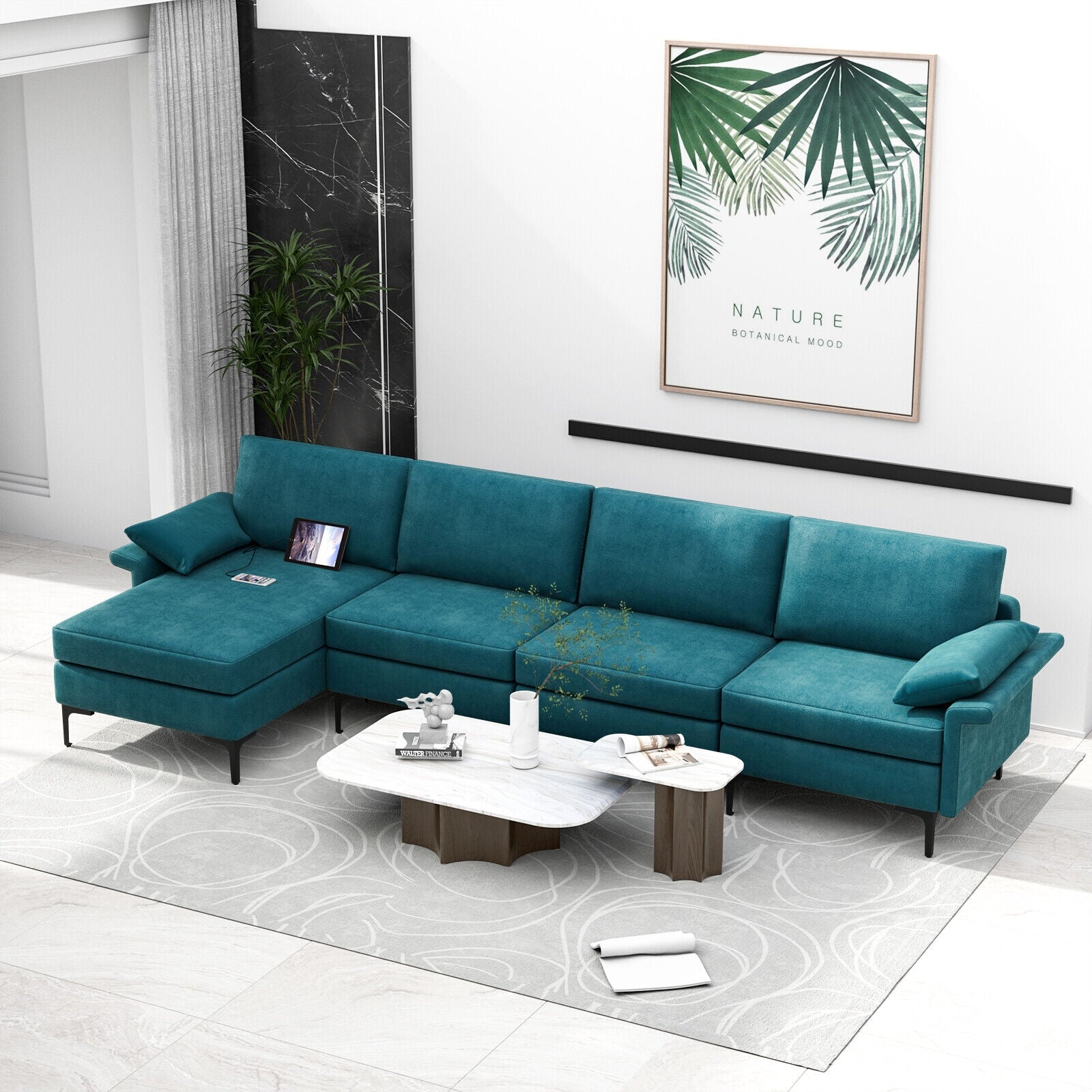 Extra Large L-shaped Sectional Sofa with Reversible Chaise and 2 USB Ports for 4-5 People, Turquoise Sofas & Loveseats at Gallery Canada