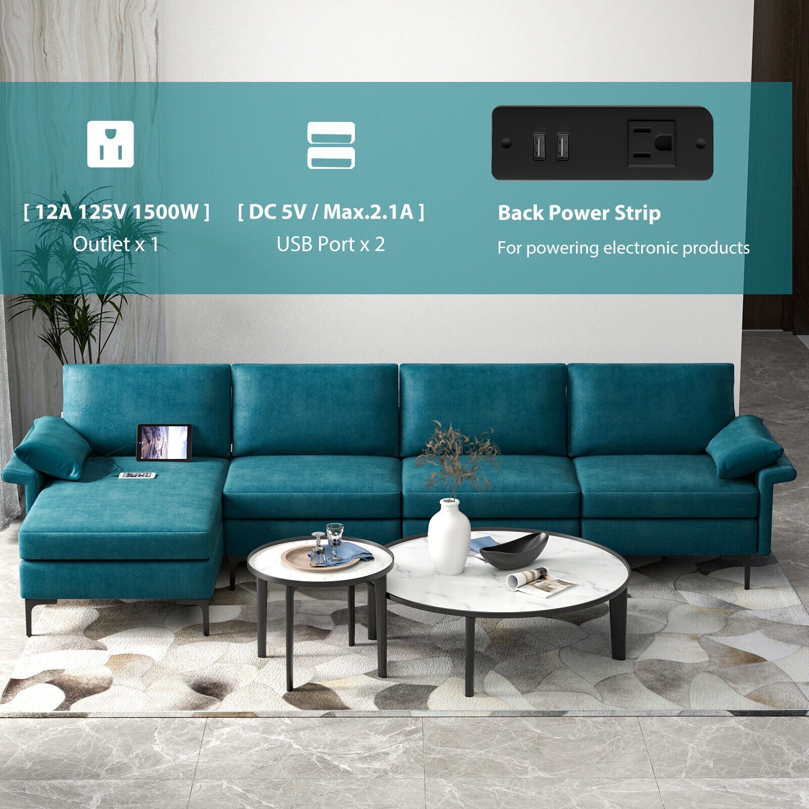 Extra Large L-shaped Sectional Sofa with Reversible Chaise and 2 USB Ports for 4-5 People, Turquoise Sofas & Loveseats at Gallery Canada