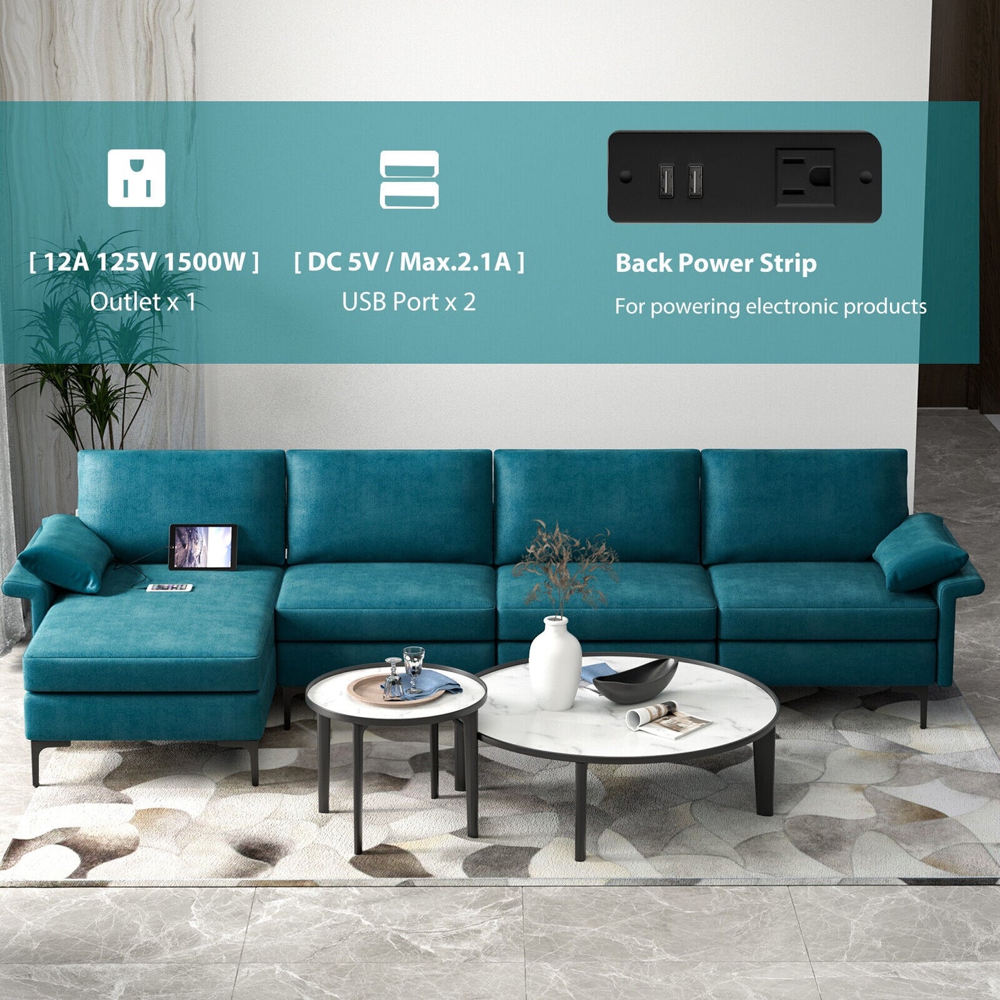 Extra Large L-shaped Sectional Sofa with Reversible Chaise and 2 USB Ports for 4-5 People, Turquoise Sofas & Loveseats at Gallery Canada